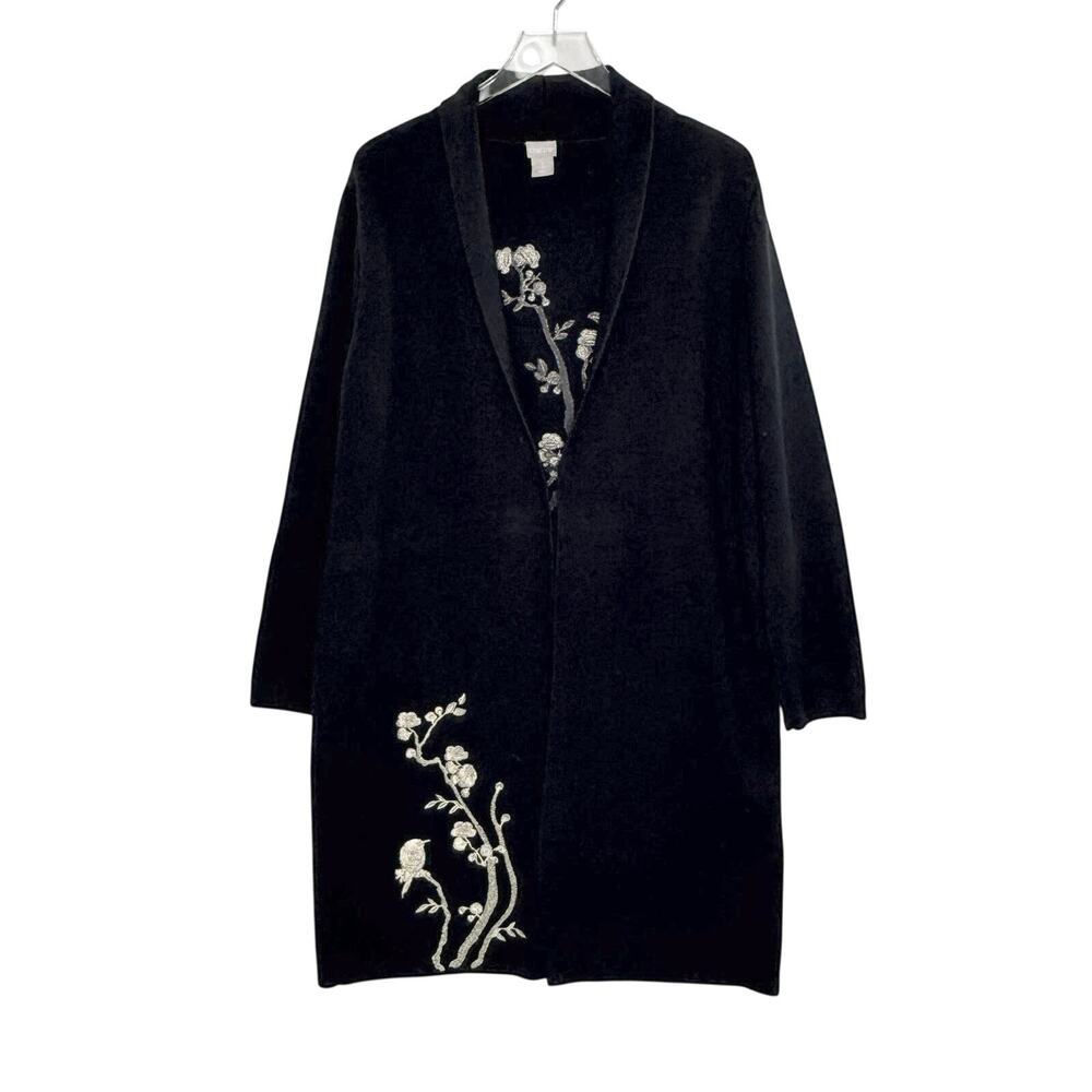 Chicos Long Black Cardigan Sweater XL Asian Inspired Floral Embroidery
